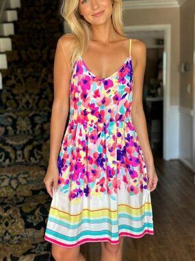 Hutch Silk Watercolor Floral Bright Print Spaghetti Strap Sundress Pockets Sz 2